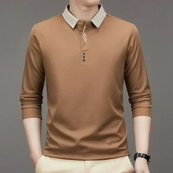 Men's Long Sleeve Turn-down Collar Waffle T-shirt Business Casual Polo Shirt Tee - Image 6