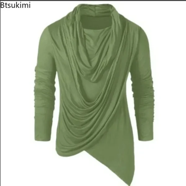 New 2025 Men's Spring Autumn T-shirt Trendy Asymmetrical Man Elastic Solid Slim Bottoming Tops Pullover Retro Streetwear for Men - Image 3
