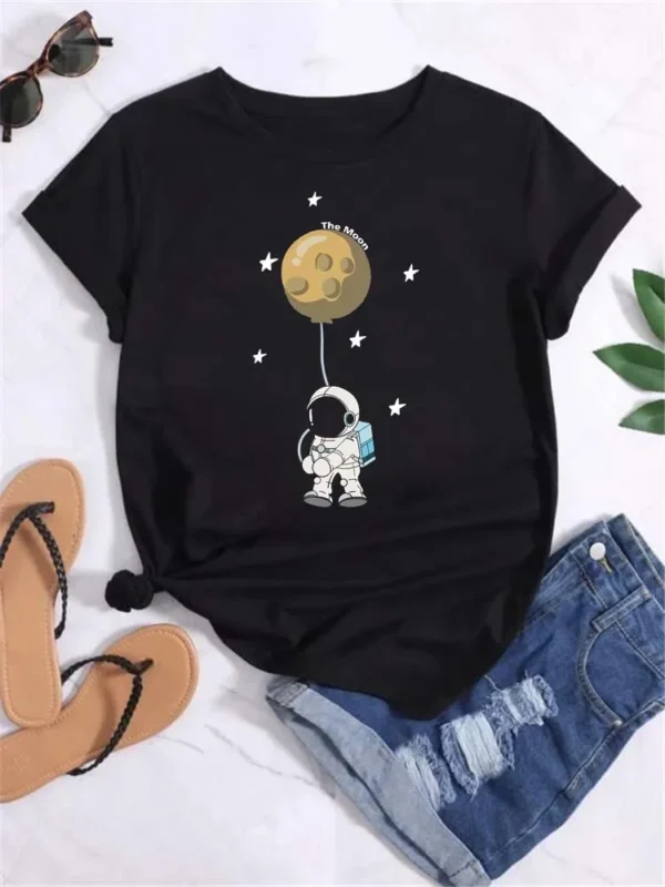 Maycaur T Shirt Women Moon Planet Print Fashion Tee Shirts Casual Round Neck Short Sleeve Streetwear Female T-Shirt Vintage Tops - Image 2