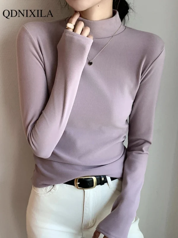 Double Sided Velvet Bottoming Shirt Sweater Women Autumn Korean Elegant Half Turtleneck Pulovers Fashion Long Sleeve Warm Tops - Image 2