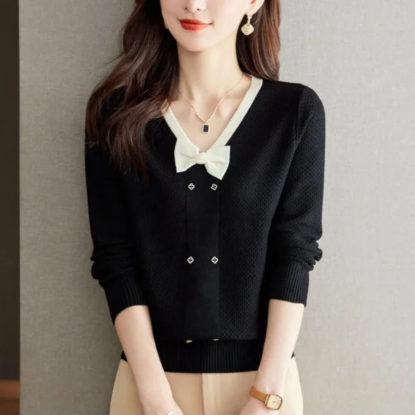 Women Autumn Winter Korean Slim Bow Solid Color Women Clothes Trend O-neck Long Sleeve Sweater Pullover Long Sleeve Sweatertops - Image 4