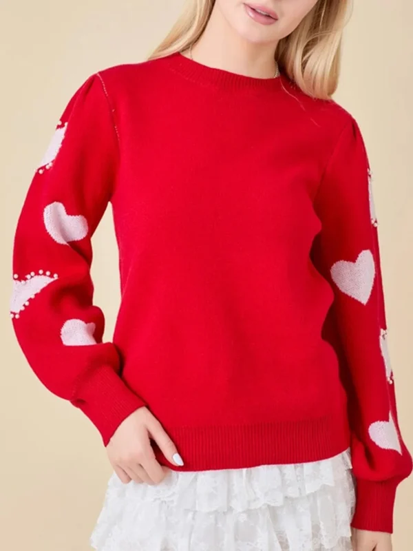 Women s Valentine s Day Knit Sweater Red Long Sleeve Round Neck Heart Print Knitwear