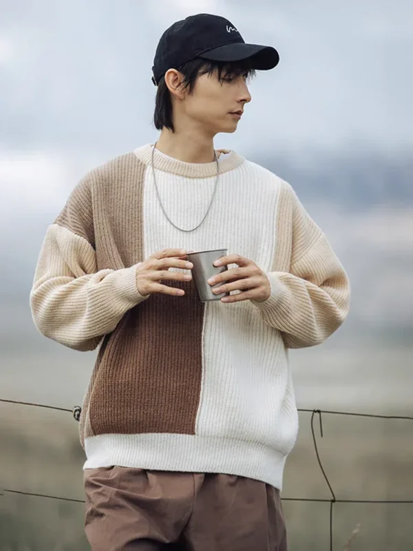 Color blocking lazy style men and women pullover sweater autumn and winter retro loose couple trend personality casual knitted - Image 2