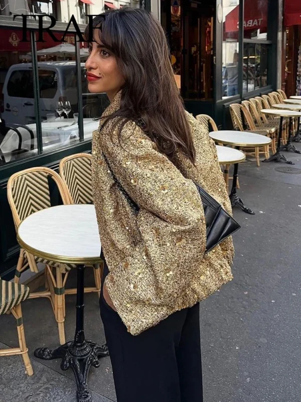 TRAF Women Fashion Shiny Sequin Jacket Y2k Gold Color Stand Collar Long Sleeve Short Coat Autumn Winter Ladies High Streetwear - Image 5