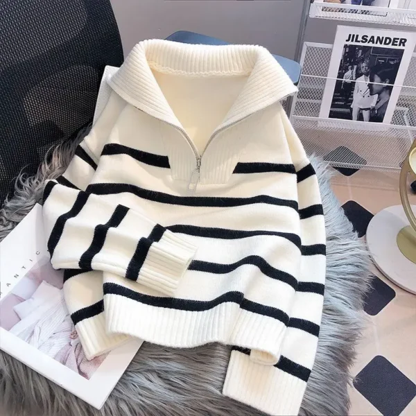 Sweater Pullover Women Spring and Autumn Underwear 2023 New Zipper Stripe Underlay Short Style Popular Premium Sweater Female - Image 5
