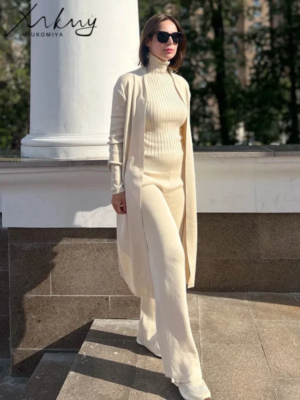 Spring 3 Pieces Set Outfits Women Knitted Suits Pants Sets Khaki Turtleneck Vest Long Cardigans Loose 3 Pieces Suit For Women - Image 6