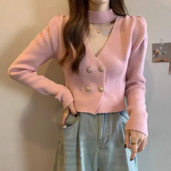 Women Autumn Winter Korean Fashion Button Solid Color V-neck Knitting Women Clothing Fashionable Slim Pullovers Long Sleeve Swea