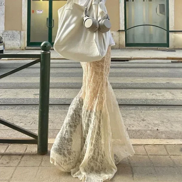 Two Layer Lace Trumpet & Mermaid Long Skirts For Women Vintage Elegant Fashion High Waist Skirt Holiday Outfits - Image 3