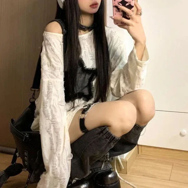 Y2K Hole Star Print T-Shirt Women Fashion Streetwear Off Shoulder Tops Summer Oversized Kpop Long Sleeve Loose Tees Ladies New - Image 6
