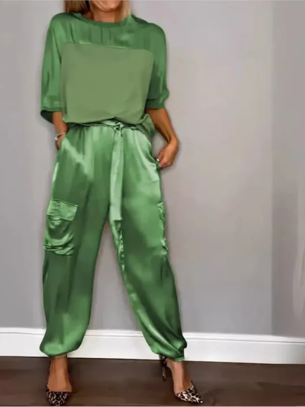 For Women Spring Summer Fashion Solid Color Satin Two Piece Set New O Neck Long Sleeve Top Long Pants Casual Loose Two Piece Set - Image 4