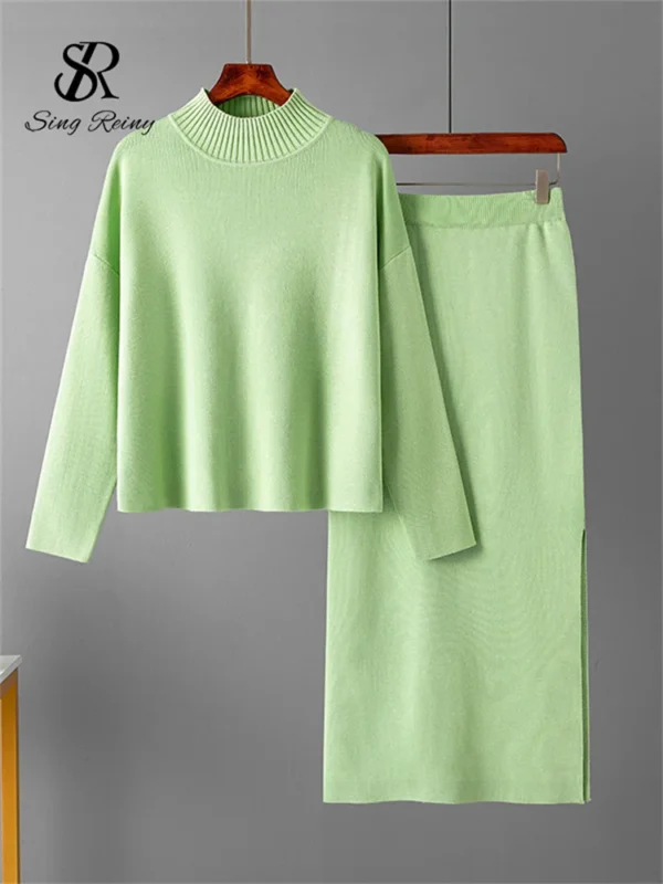 SINGREINY Fashion Autumn Sweater Two Pieces Suits Women Loose Warm Pullovers+Split Long Skirt 2024 Winter Casual Knitted Sets - Image 3