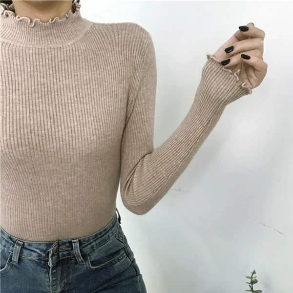 Turtleneck Ruched Women Sweater High Elastic Solid 2024 Fall Winter Fashion Sweater Women Slim Sexy Knitted Pullovers Pink White - Image 5