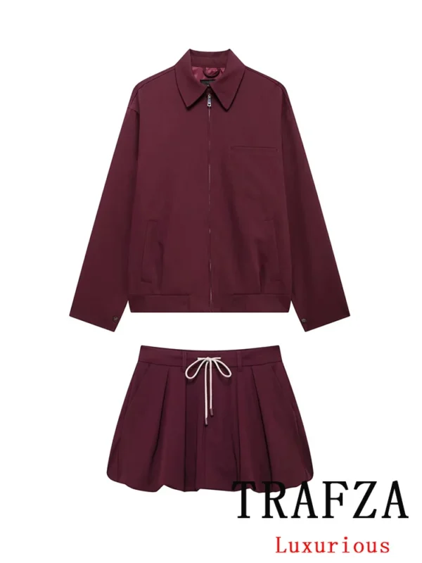 TRAFZA Vintage Casual Chic Bordeaux Red Women Suit Turn-down Collar Zipper Jacket Drawstring Mini Skirt Fashion 2024 Autumn Suit - Image 4