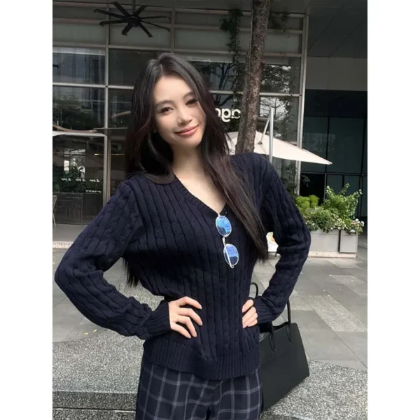 Autumn Winter Casual Loose Solid Sweaters Women's Clothing Fashion V-neck Commute Soft Knitted Pullovers - Image 4
