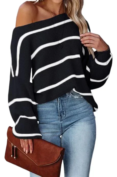 Long sleeved striped sweater sexy off shoulder lantern sleeve pullover - Image 5