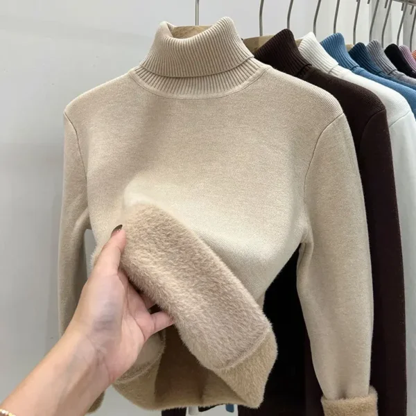 2024 Turtleneck Winter Sweater Women Elegant Thicken Velvet Lined Warm Sueter Knitted Pullover Slim Tops Jersey Knitwear Jumper