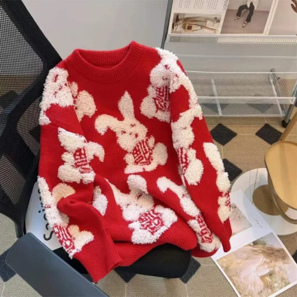 Red Rabbit Sweater Women Zodiac Year Western Style Autumn and Winter New Loose Lazy Style Knitted Sweater Top