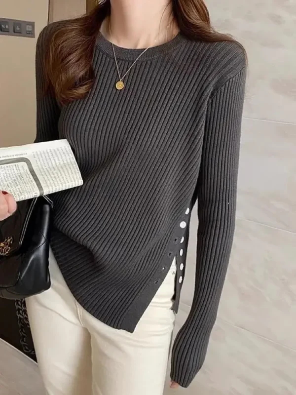 Korea Women Sweater Pullovers Khaki Casual Autumn Winter Split Fork Button Chic Sweater Female Slim Knit Top Soft Jumper Tops - Image 2