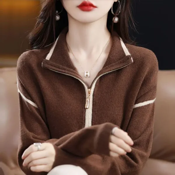 Ladies Fashion Zipper Turn-down Collar Long Sleeve Sweater Coat Autumn Winter All-match Patchwork Knitting Pullovers Top Tee