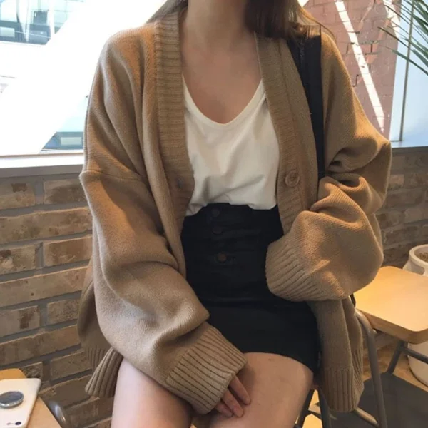 2023 Autumn Women's Sweater Fashion V-neck Vintage Knitted Cardigan Korean Loose Solid Sweaters Female - Image 4