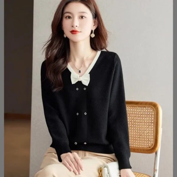Women Autumn Winter Korean Slim Bow Solid Color Women Clothes Trend O-neck Long Sleeve Sweater Pullover Long Sleeve Sweatertops - Image 6