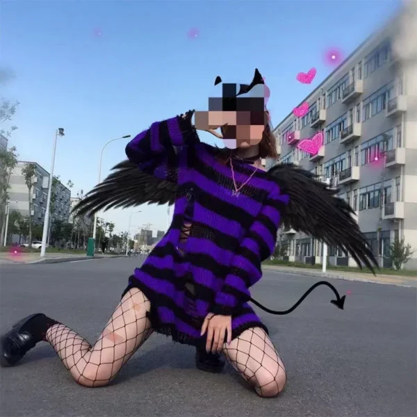 New Goth Punk Gothic Sweater Oversized Pullovers Women Striped Cool Hollow Out Hole Broken Jumper Harajuku Aesthetics Sweater - Image 3