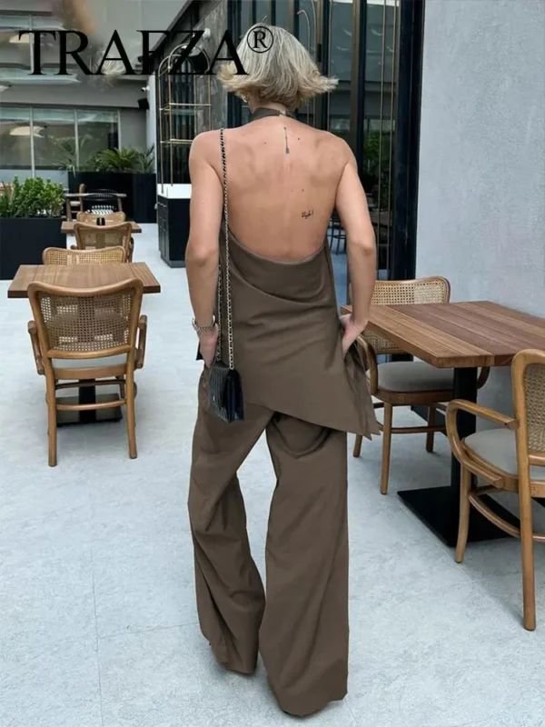 TRAFZA Women Vintage Solid Pant Sets Sexy Backless Halter Camis Top Asymmetric Tank Top + Drawstring Trousers Fashion Streetwear - Image 2