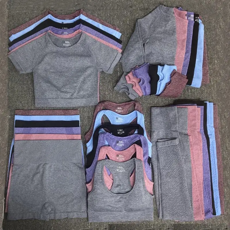 2/3/5PCS Seamless Women Sports Suits Yoga Set Workout Sportswear Gym Clothing Fitness Long Sleeve Crop Top High Waist Leggings - Image 2