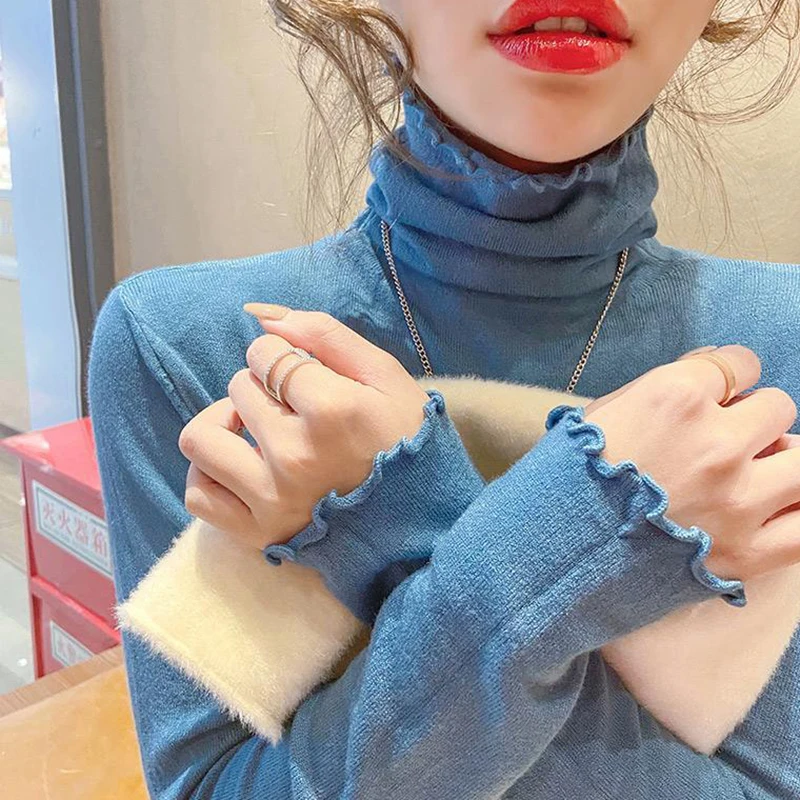 Rimocy Fold Turtleneck Jumper Women Autumn Winter High Elastic Solid Color Sweater Woman Simple All Match Bottoming Top Female