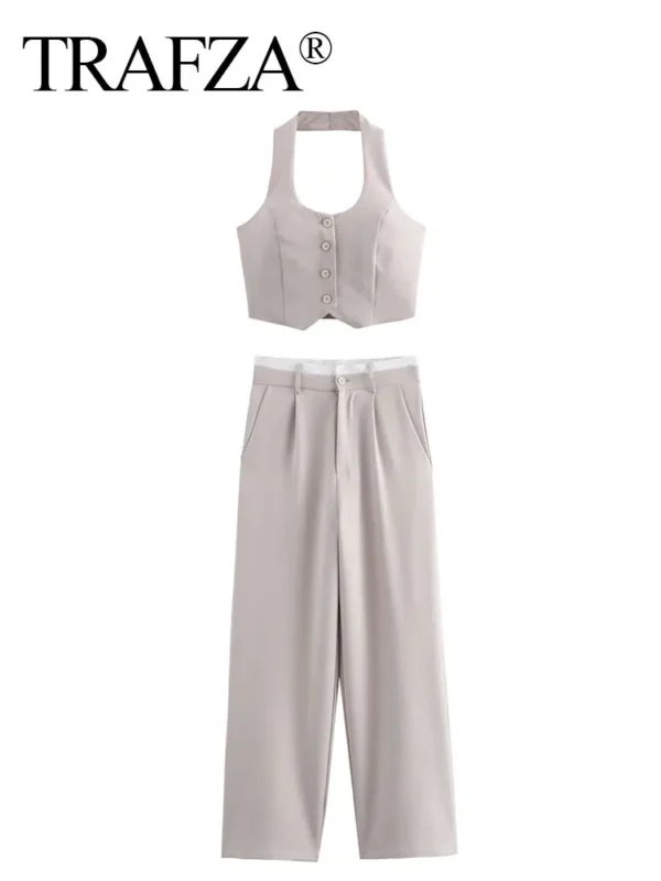 TRAFZA Women Fashion Solid Vest Pant Suit Single Breasted Halter Cropped Vests Top High Waist Patchwork Trouser Office Lady Sets - Image 3