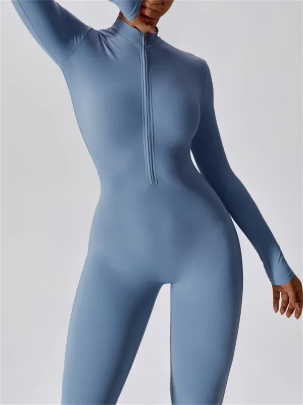 Half zip integrated long yoga jumpsuit solid color sexy long sleeved integrated sportswear for women - Image 2