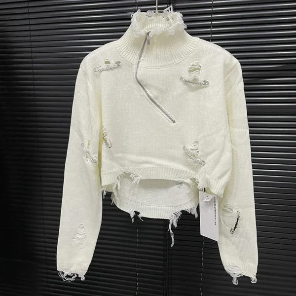DEAT 2024 Autumn New Fashion Women's Pin Decorative Short Sweater Solid Color Turtleneck Hole Design Knitted Top Female 11A0698 - Image 2
