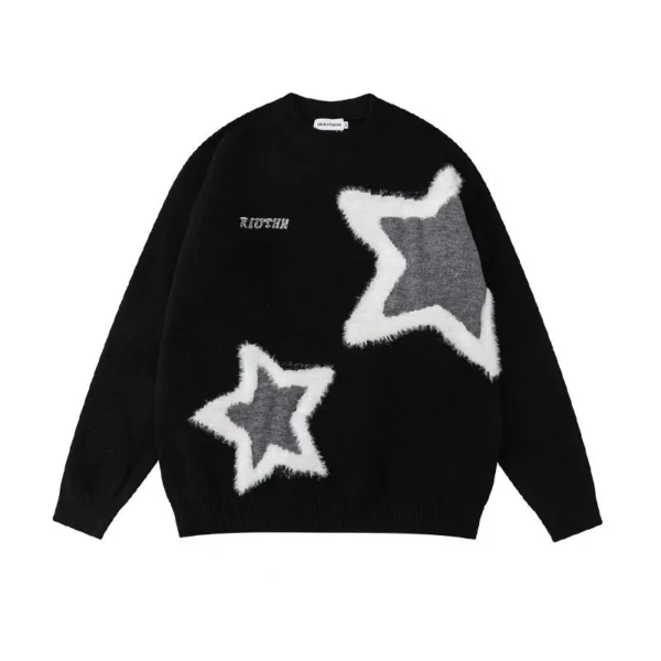 Retro Harajuku Star Flocked Couple Sweater Oversized Pullover Long Sleeved Thickened Mens Womens Loose Versatile Casual Sweaters - Image 3