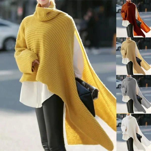 Women Pullovers Knitted Tops Solid Casual Turtleneck Full Sleeve Loose Sweaters Jumpers Elegant Splice Autumn Winter 2024