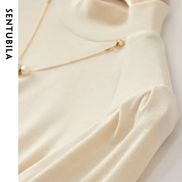 SENTUBILA Cotton Knit Slim Fit Pullovers Women 2025 Spring Hight Collar Pearl Chain Lanter Sleeve Elegant Tops Ladies 143H56768X - Image 6