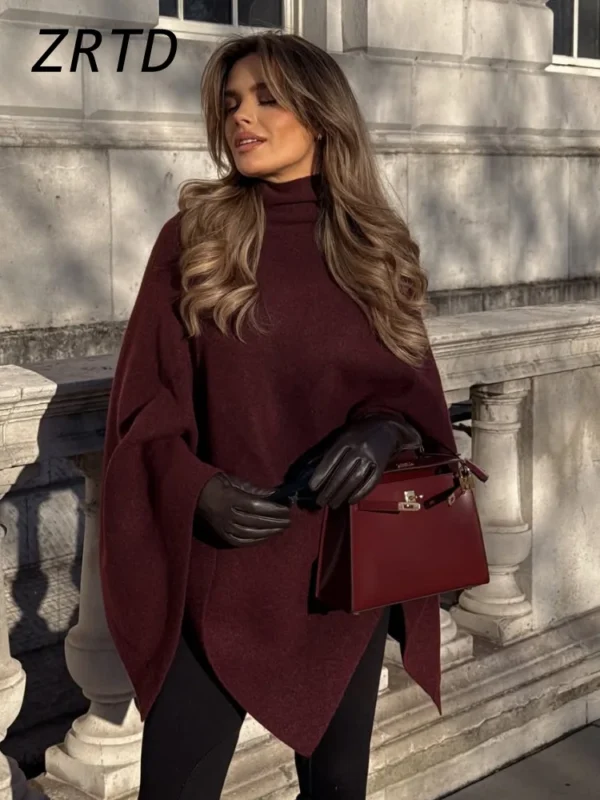Elegant Women's Burgundy Cloak Turtleneck Sweater Vintage Loose Knit Raglan Sleeve Pullovers 2024 Autumn Lady All-match Knitwear - Image 2