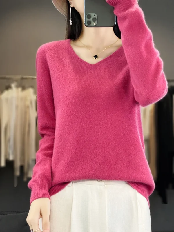 Women New 100% Merino Wool Sweater V-neck Pullover Autumn Winter Casual Knit Tops Solid Color Regular Female Cashmere Clothing - Image 5