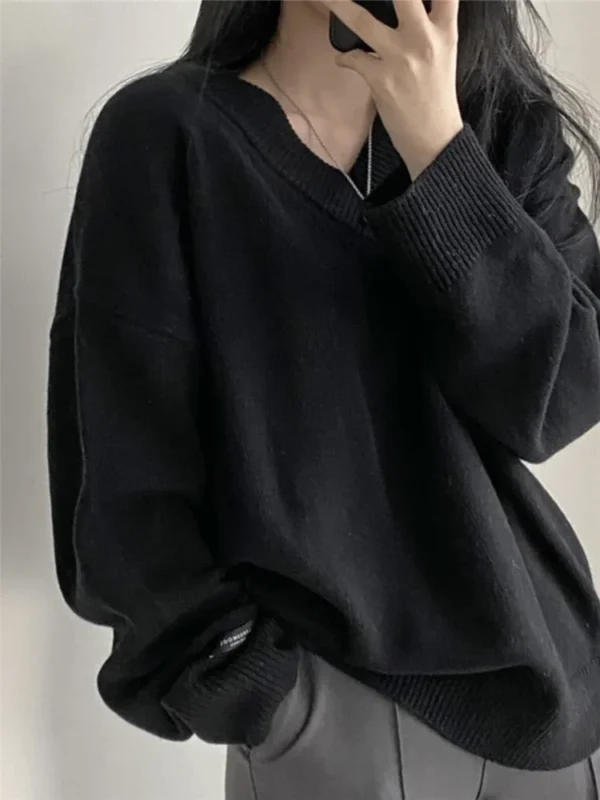 REALEFT Autumn Winter Black Oversize Women's Sweater 2024 New Casual Loose Long Sleeve V-Neck Sweaters Knitted Pullover Female - Image 2