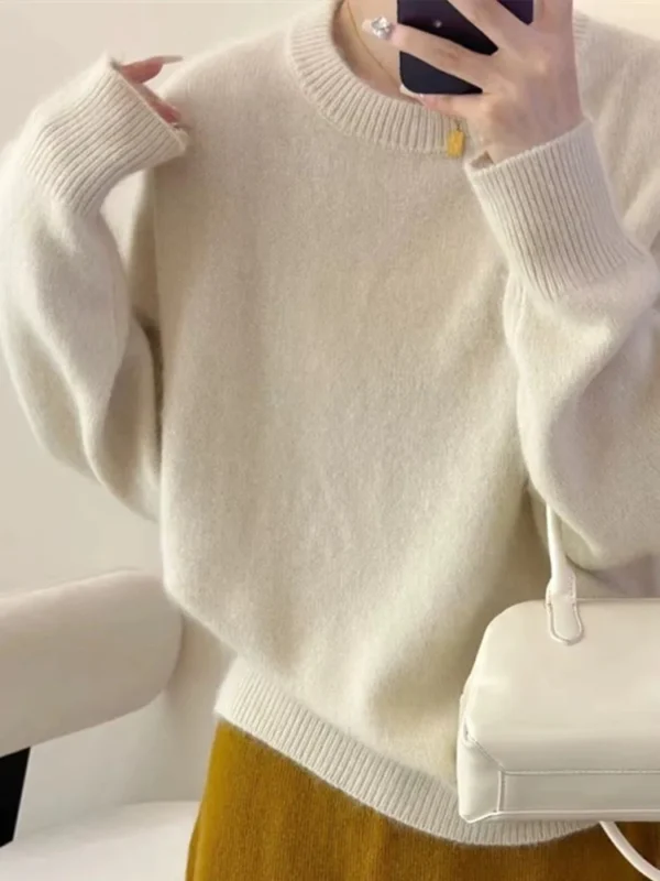 2023 Korean Autumn/Winter Thicken Loose Cashmere Sweater Women's Round Neck Pullover 100% Pure Wool Knit Sweater Soft Top Female - Image 2