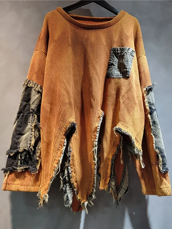 DEAT 2024 Autumn New Fashion Women's Pullover Long Sleeve Tie-dye Irregular Do Old Patchwork Vintage Loose Denim Sweater 29L8194 - Image 6