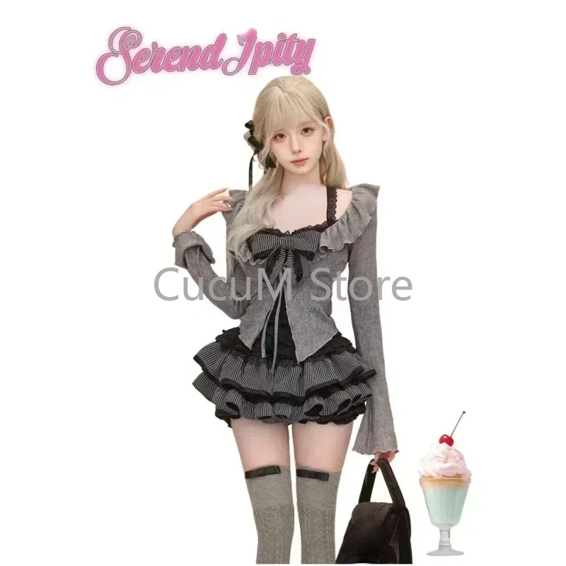 Sweet Lolita Lace Up Ruffles Cardigan+ Sexy Slim Fit Strapless Vest Tops+ High Waist Ruched Skirts Early Autumn Three Piece Sets - Image 6
