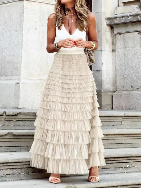 HOUZHOU Solid Multilayer Ruffle Mesh Skirt Women Boho High Waist Long Maxi Tulle Skirt Spring Summer Party Women's Clothing - Image 6