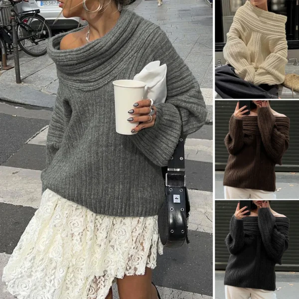 Women Sexy Solid One Neck Ribbed Sweater Fashion Off Shoulder Long Sleeve Knitted Pullover 2024 Autumn Lady Chic Street Knitwear - Image 6