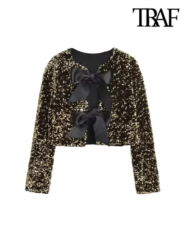 TRAF-Women's Long Sleeve Sequined Cropped Jacket, O Neck Coat, Female Outerwear, Chic Tops, Bow Tied - Image 6