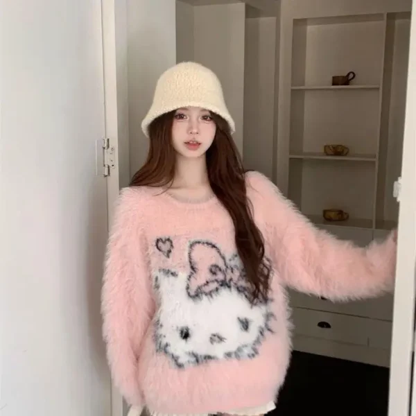 Kawaii Hello Kitty Sweater Sanrioed O-Neck Lazy Mujer 2024 Autumn Sweet Knitted Pullover Y2K Girls Waterproof Mink Tops Women - Image 4