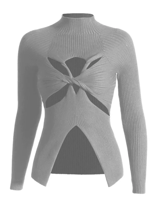 VGH Crisscross Hollow Out Knitting Sweaters For Women Stand Collar Long Sleeve Slimming Casual Temperament Sweater Female 2024 - Image 2
