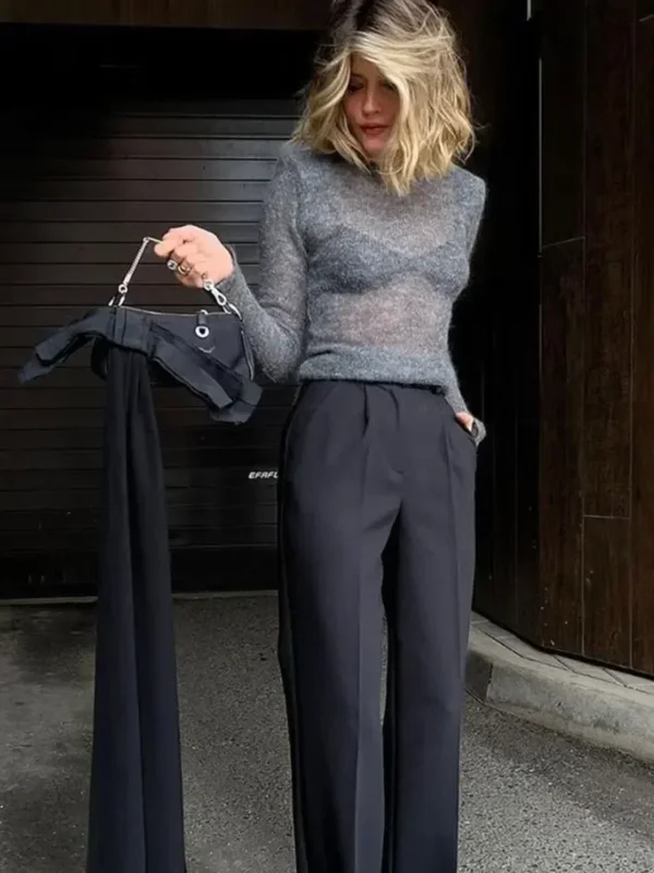 2024 New Fashion Solid Round Neck Thin Knitted Sweater Elegant Long Sleeve Bodycon Pullover Autumn Lady Commuting Street Outwear - Image 5