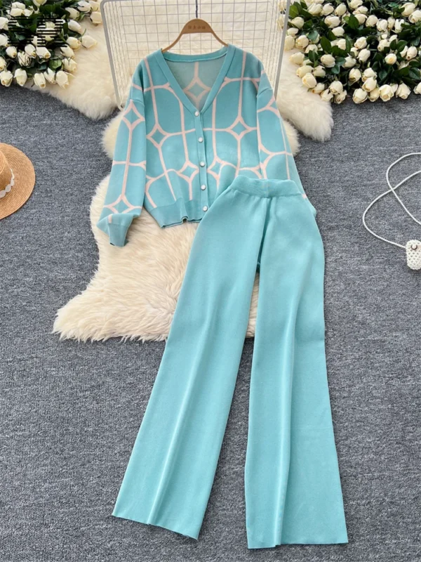 SINGREINY Basics Print Knit Two Pieces Sets Autumn Winter Single Breasted Cardigan+Wide Leg Long Pants Fashion Streetwear Suits - Image 5