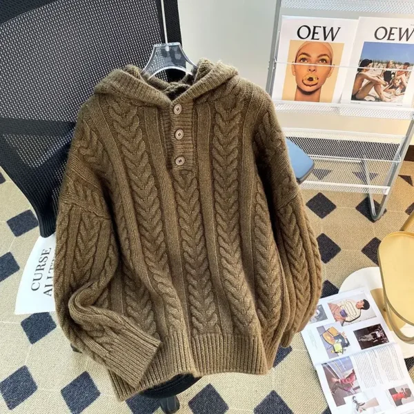 Korean Lazy Style Sweater Women's Thick Coat High-end and Gentle Style Soft and Sticky Hooded Knitted Top - Image 2