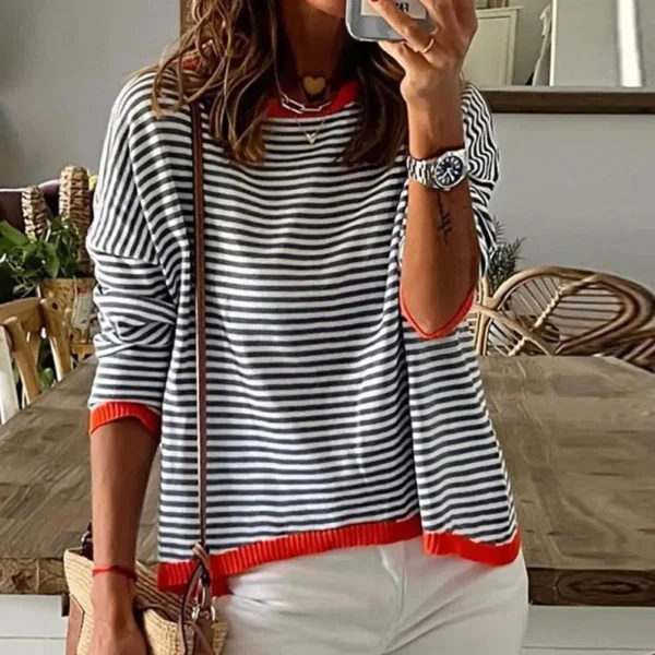 Loose Fit Sweater Women Striped Sweater Stylish Women's Lightweight Knitted Sweater Crew Neck Long Sleeve Striped for Autumn - Image 2